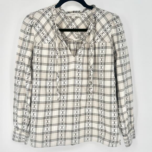 LOFT Plaid Ruffle Tie Front Long Sleeve Blouse Size S - Picture 2 of 6